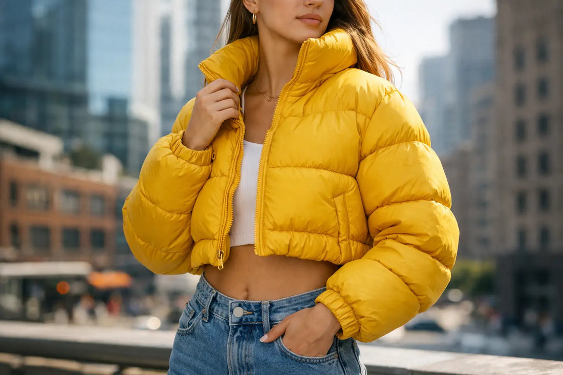 Yellow Cropped Puffer Jacket for City Heat