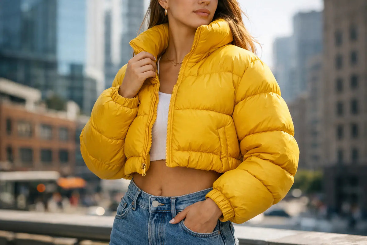 Yellow Cropped Puffer Jacket for City Heat
