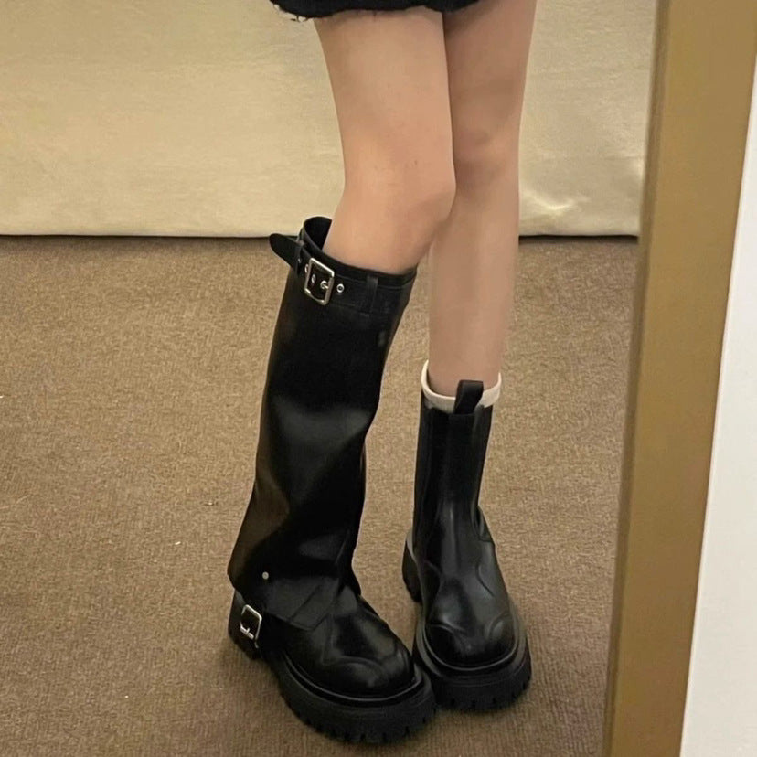 Knee-High Stretch Boots with Round Head Muffin Bottom