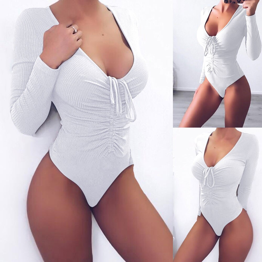 Spring Knitted Bodysuit Women Lace Up Long sleeve Sexy Bodysuits Slim Bodycon Jumpsuit Woman V-Neck Jumpsuit Ladies Clothes
