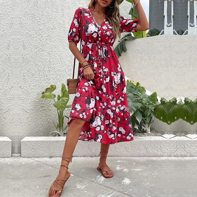 Red V-neck Holiday Dress for Women (European & American)
