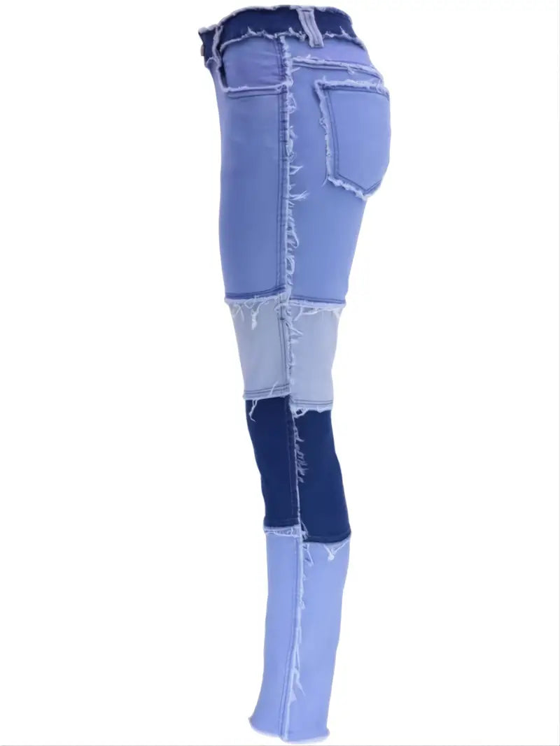 High Rise Patchwork Skinny Jeans with Slash Pockets