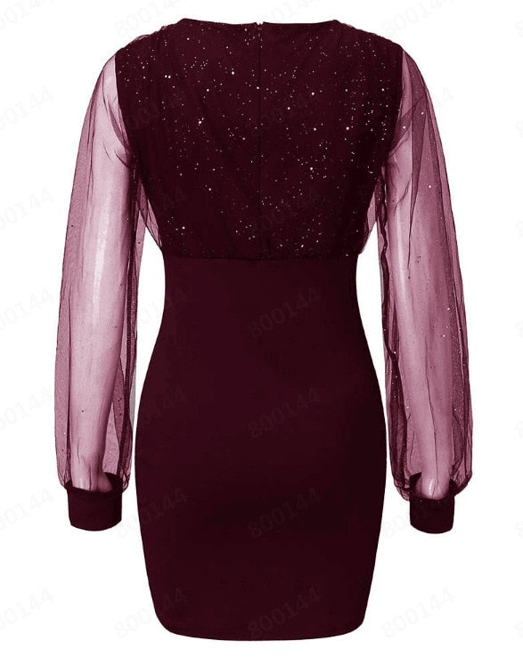 Sexy Women's Dress V-Neck  Long Sleeve Mini Chiffon Dress V  Neck Elegant Purple Woman Dresses Casual Lace Vestido