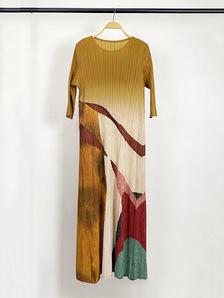 Woman Pleated Dress Painting Print Elegant Fashion Short Sleeve O Neck Midi Dresses Casual Style New Autumn