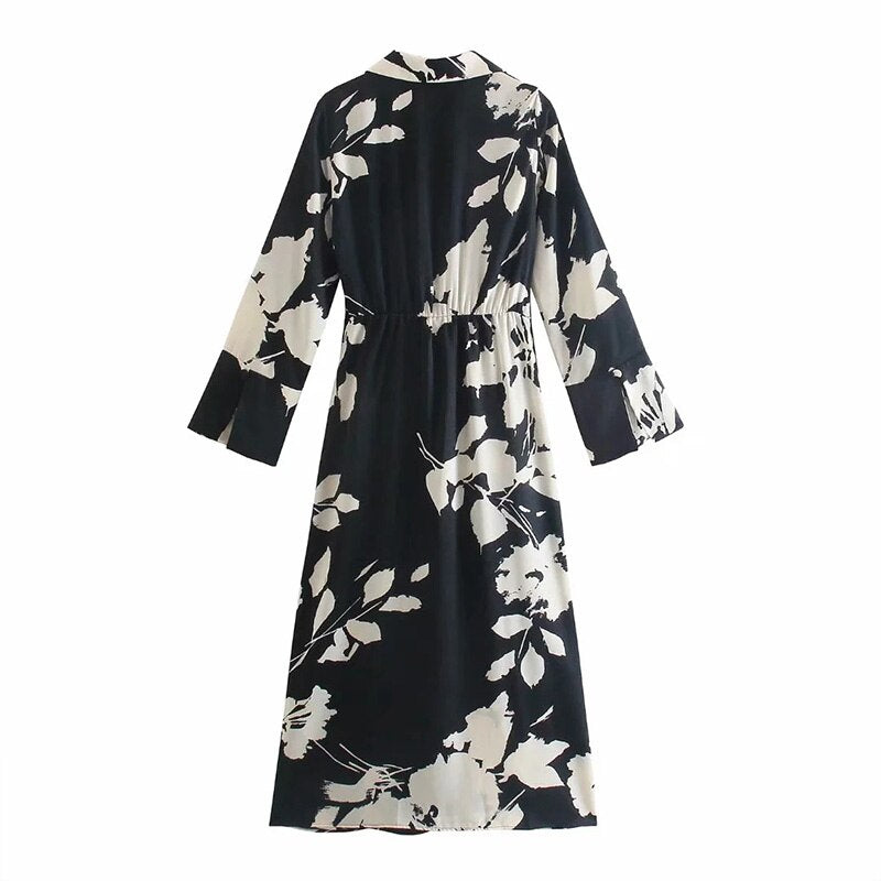 Woman Dress Autumn New Women Fashion Flower Print Long-Sleeve Dress Long Folds Elegant Dress Casual Summer Dresses