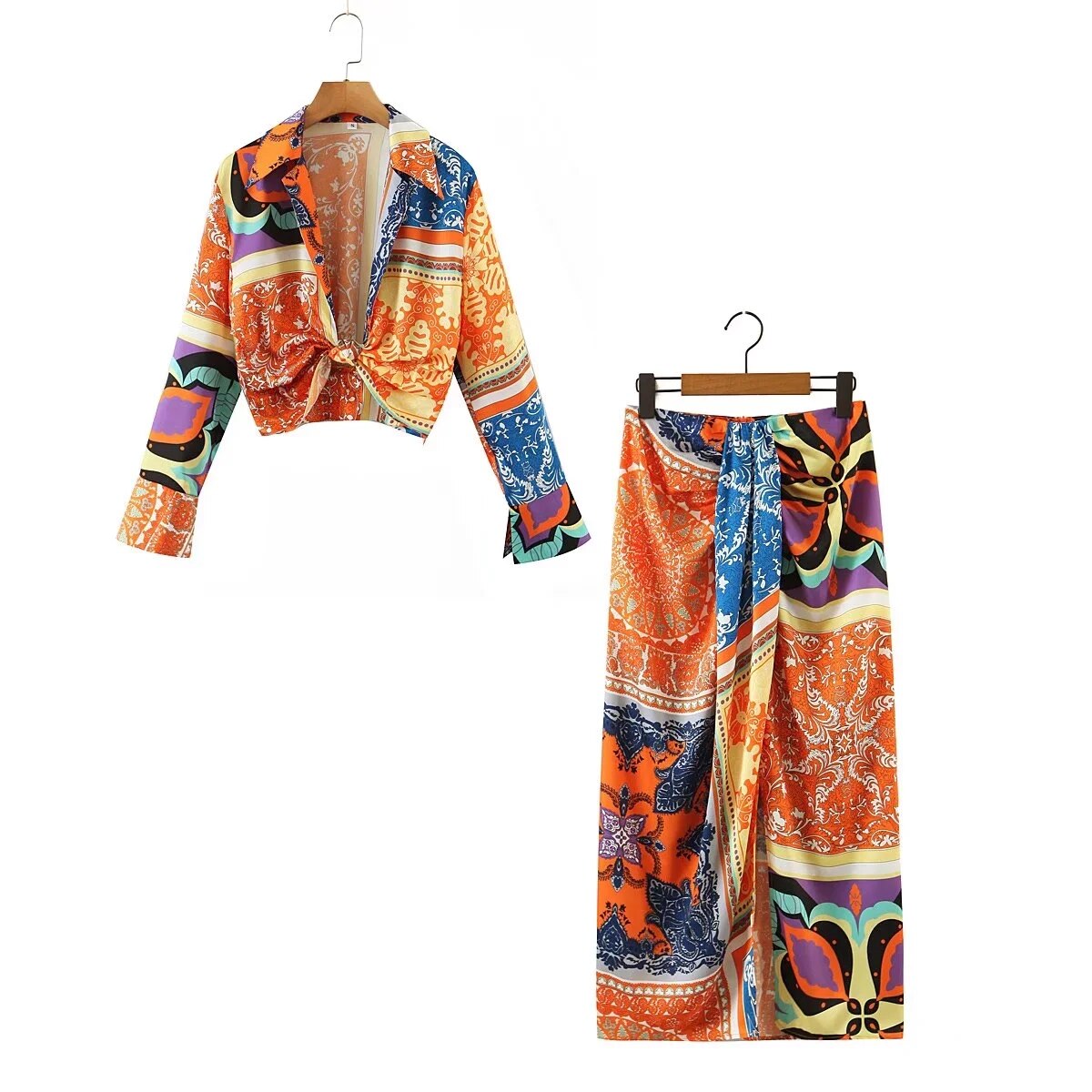 Women 2 Pieces Set Fashion Ethnic Printed Knotted Top + Vintage Long Skirt Summer Woman Outfit Dress Sets