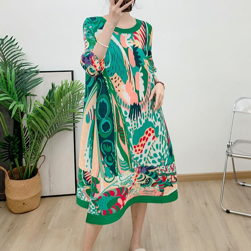Folded pleated skirt with yellow printed women's clothing