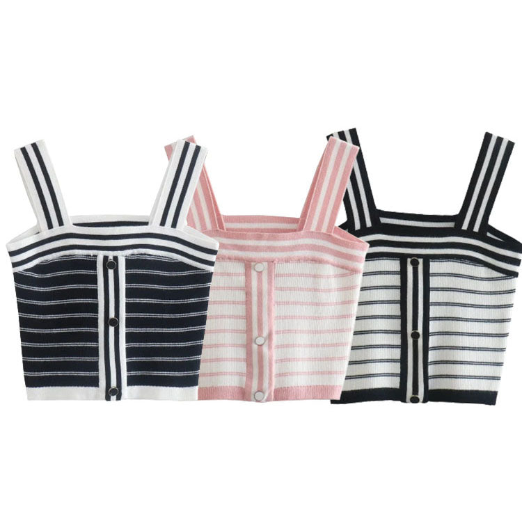 Woman Stripe Knit Short Tops Fashion Autumn Sleeveless Off Shoulder Square-Neck Female Causal Sling Tops