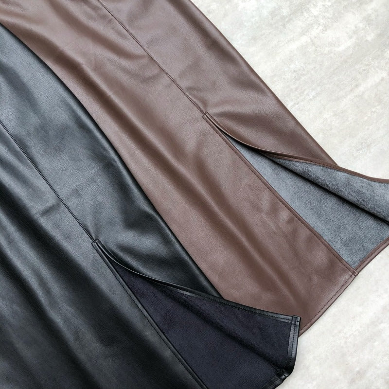 High-Waisted PU Leather Midi Skirt with Slit