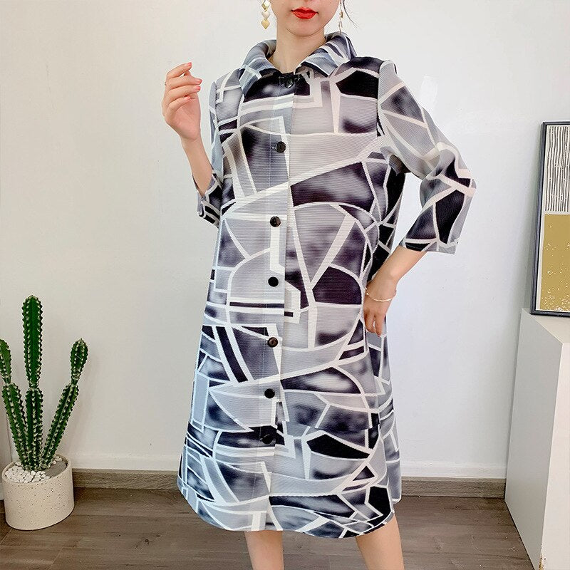 SuperAen Pleated Dress  New Summer Oversize Long Dress Printed Woman Shirt Dress
