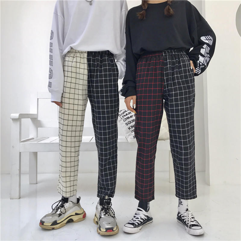 Fashion Vintage Plaid Patchwork Pants Harajuku Woman Man Trousers Elastics High Waist Pants Korean Causal Straight Pants