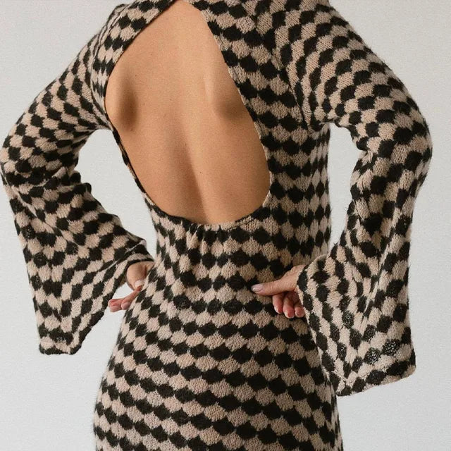 Print Knitted Dress Woman Autumn Backless Long Sleeve Sexy Midi Dresses Fashion Contrast Vacation Hallow Out Robe