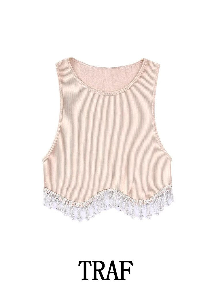 New Jewelry Inlay Vest Short Top Woman Fashion Sleeveless Round-Neck Causal Slim Shiny Femel Vest Tops