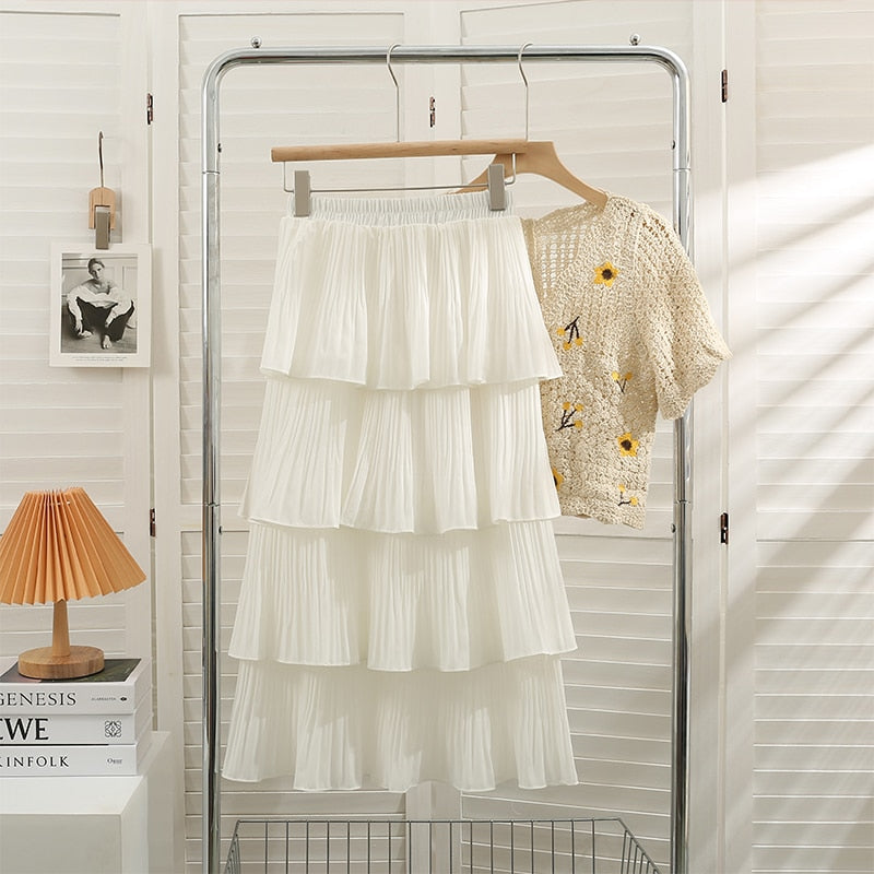 Woman Clothes New  Spring Summer Korean Medium Long Pleated Cake Skirt Fashion Ladies Solid Versatile Office Skirts Korean