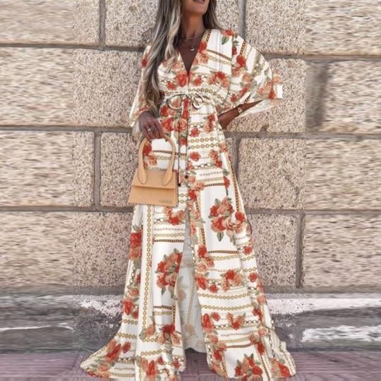V-Neck Short Sleeve Printed Long Dress for Women