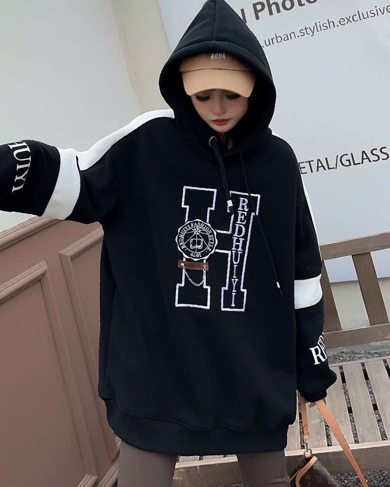 Embroidered Velvet Hooded Sweatshirt for Women