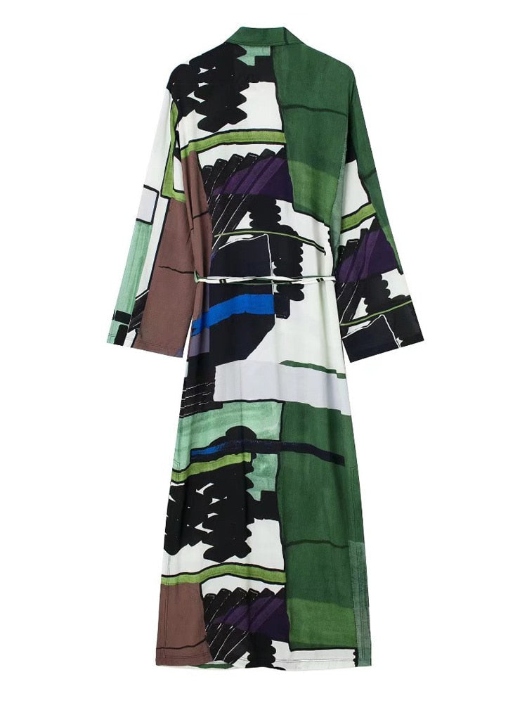 TRAF Green Print Long Dress Woman Summer Casual Maxi Dresses for Women Long Sleeve Beach Female Dress Trend Blet Sundress Women