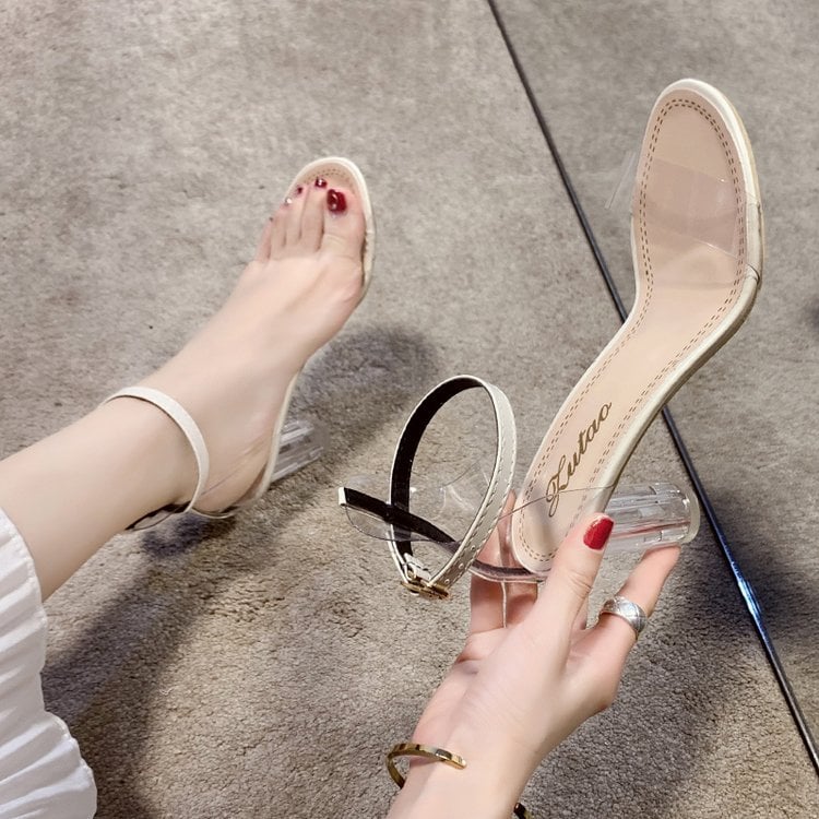 Crystal Chunky Heels Transparent Sandals with Buckle