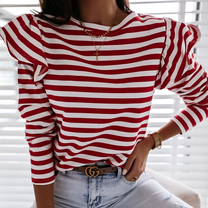 Women Blouse Shirt Striped Ruffle Long Sleeve Tops Women Casual Feminine Tee Fashion Woman Blouses O Neck Top Female
