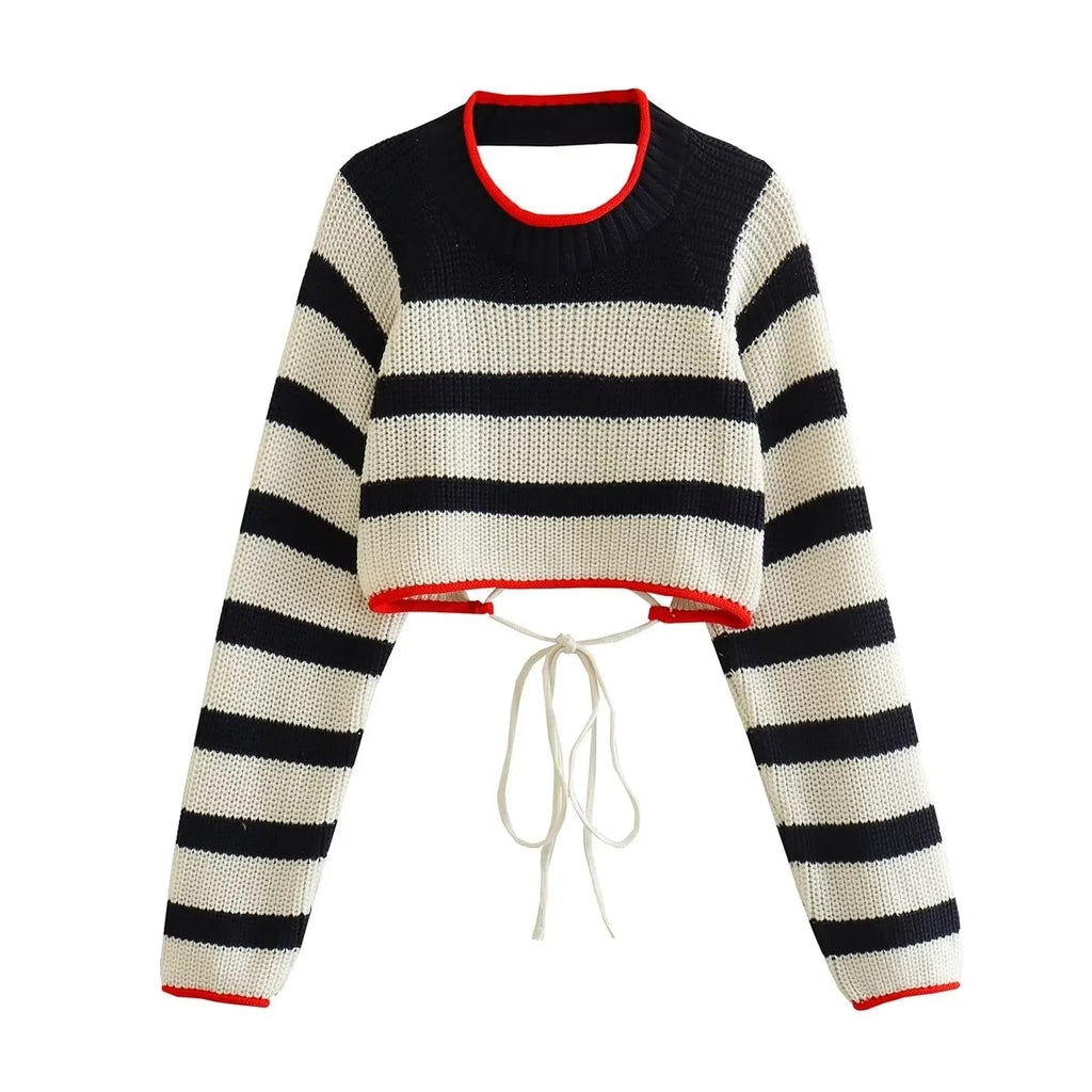 TRAF Woman Knitted Sweater Fashion Stripe Backless Long Sleeve O-neck Pullover Female Sweaters Chic Tops