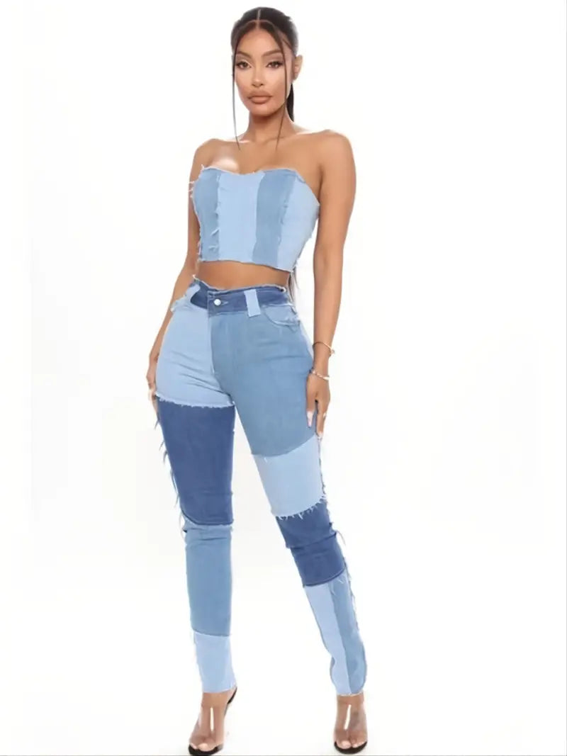 High Rise Patchwork Skinny Jeans with Slash Pockets