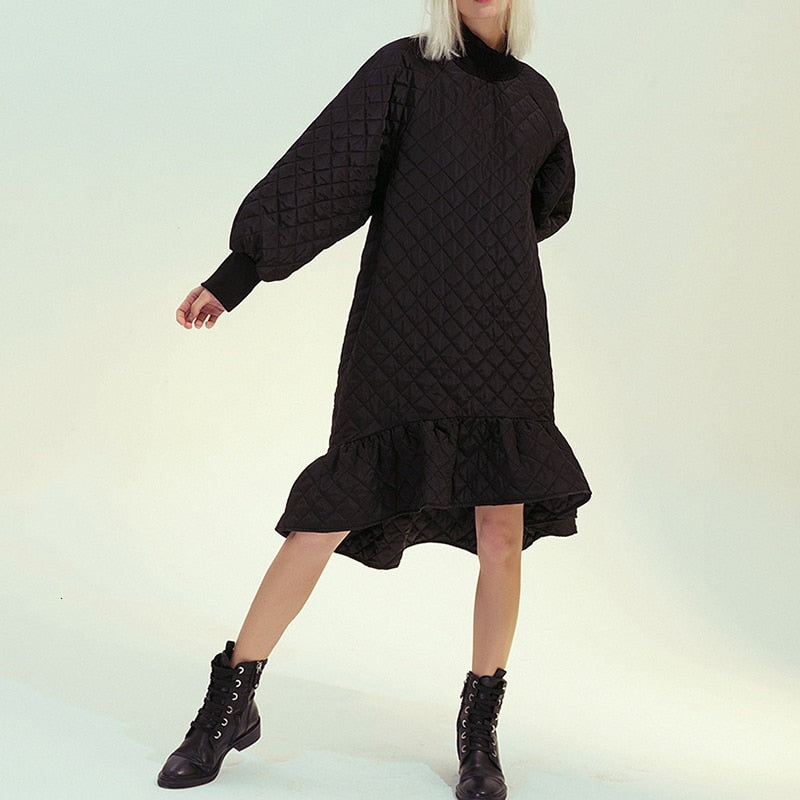 See Beautiful New Fashion Spring Simple Turtleneck Long Lantern Sleeve Warm Stitching Loose Fishtail Dress Woman