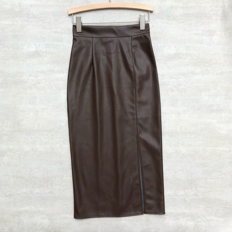 High-Waisted PU Leather Midi Skirt with Slit