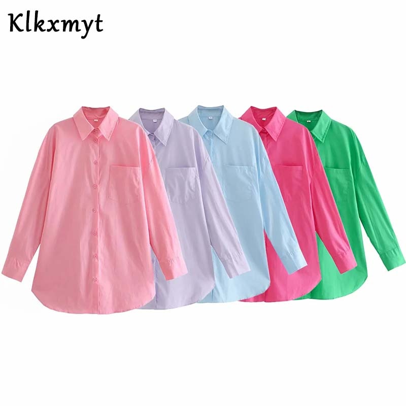 Klkxmyt Za Women's Shirt Fashion Pink Oversize 100% Cotton Casual Button Pockets Loose Blouses Chic Streetwear Shirts Woman Tops