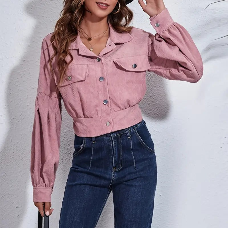 Corduroy Crop Jacket with Lantern Sleeves and Plaid