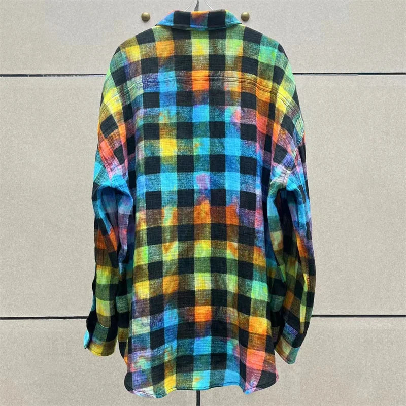 Fashion Woman Blouse  Autumn New Rainbow Plaid Women's Shirt Washed Old Pure Cotton Long Sleeved Top Loose And Thin Coat
