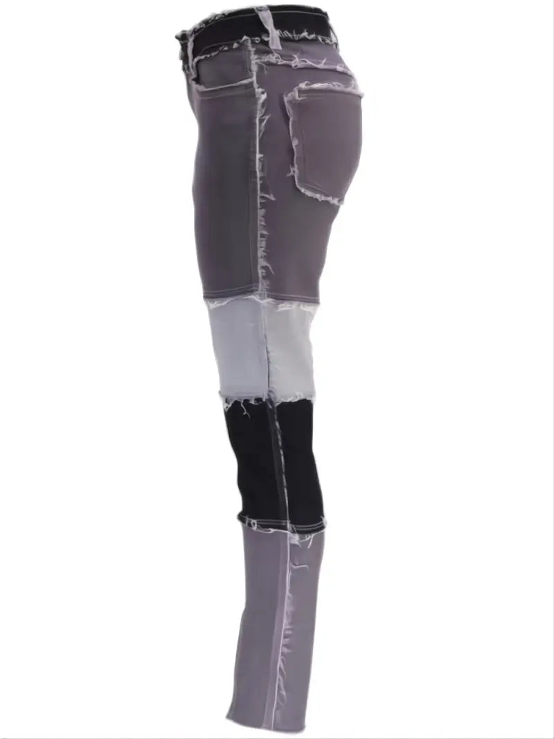 High Rise Patchwork Skinny Jeans with Slash Pockets