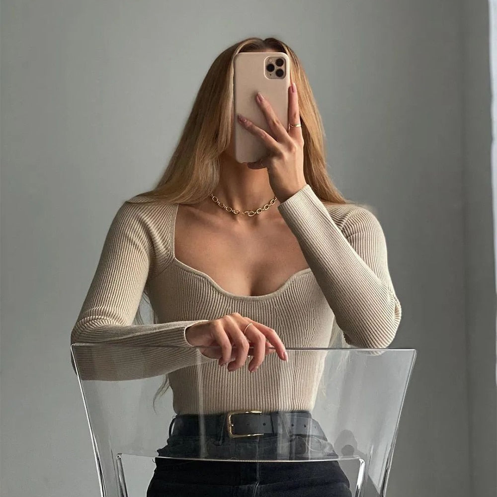 New Women Knit Sweater Top Long sleeve heart-neck Casual Fashion Woman Slim-fit Tight Knitted sweaters Pullover Tops