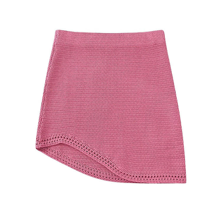Woman 2 Pieces Sets Fashion Slim Crochet Knitting O-Neck Short Tops + Asymmetry Knit Mini Skirts Causal Sets