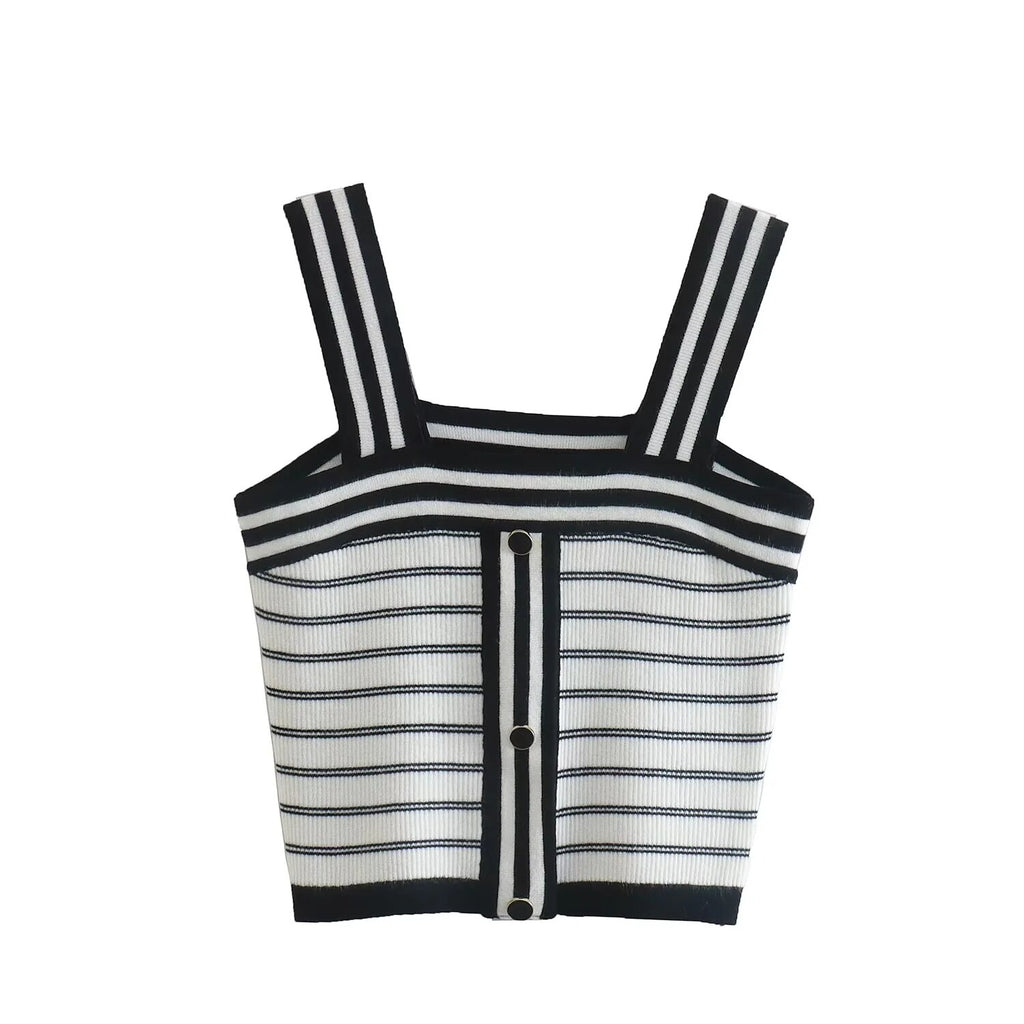 Woman Stripe Knit Short Tops Fashion Autumn Sleeveless Off Shoulder Square-Neck Female Causal Sling Tops