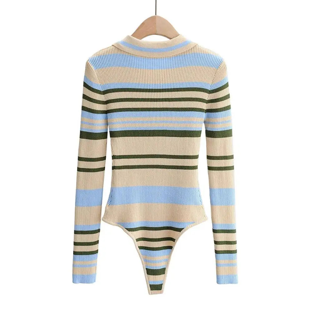Vintage Knitting Contrast color Striped open Lapel Long sleeve Bodysuit Woman Short Jumpsuit Slim fit Rompers Playsuits