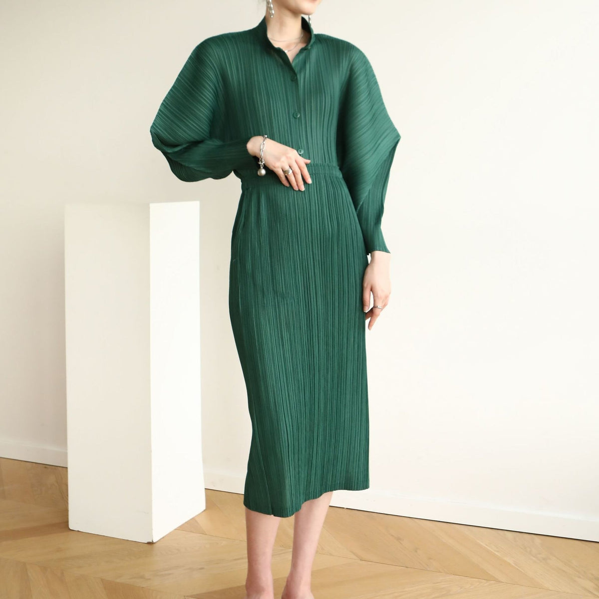 Woman Suit Solid Pleated Stand Collar Garment Horn Sleeve Shirt + High Waist Skirt Slim Casual Style Autumn