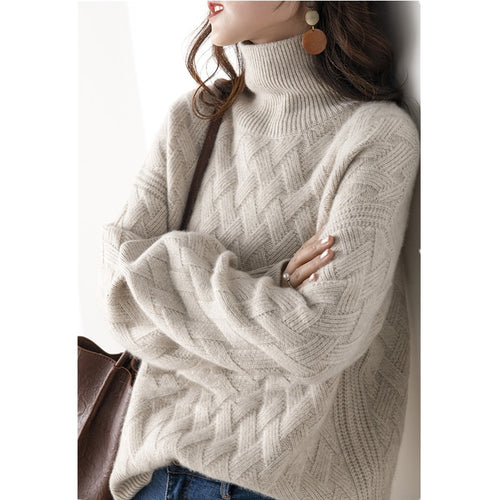 Autumn and winter turtleneck cashmere sweater woman  new style languid breeze loose thick pullover underlay wool sweater