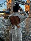 Sexy Backless Lace Up Knitted Sweater Woman Solid Turtleneck Long Sleeve Jumper Pullover  Spring Female Elegant Street Tops