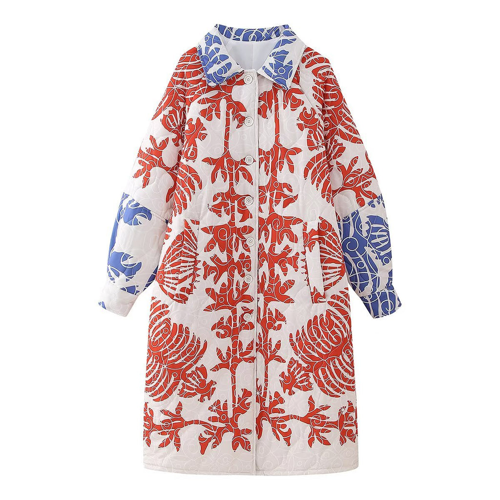 Winter Elegant Women Long Sleeve Warmth Coat Fashion Woman Casual Single Breasted Lapel Decoration Print Long Cotton Coat
