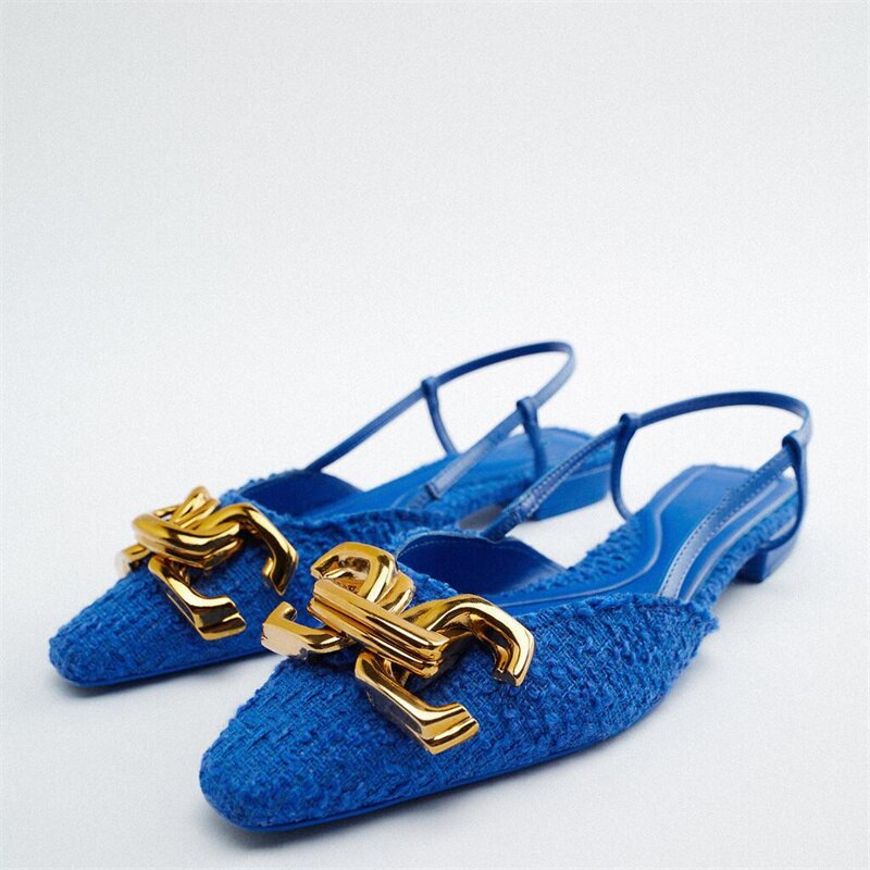 New Woman Gold Bling Flat Shoes Vintage Black Back Elastic Straps Single Shoes Fashion Slingbacks Female Single Shoes