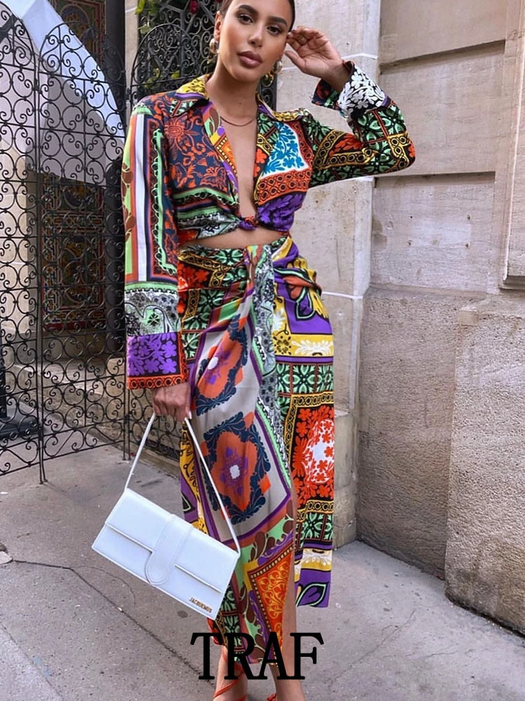 Women 2 Pieces Set Fashion Ethnic Printed Knotted Top + Vintage Long Skirt Summer Woman Outfit Dress Sets