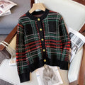 Korea Vintage Knitted Autumn Sweater Coat Women Striped Plaid Print Knitwear Ladies Cropped Cardigans Casual Loose Woman Tops