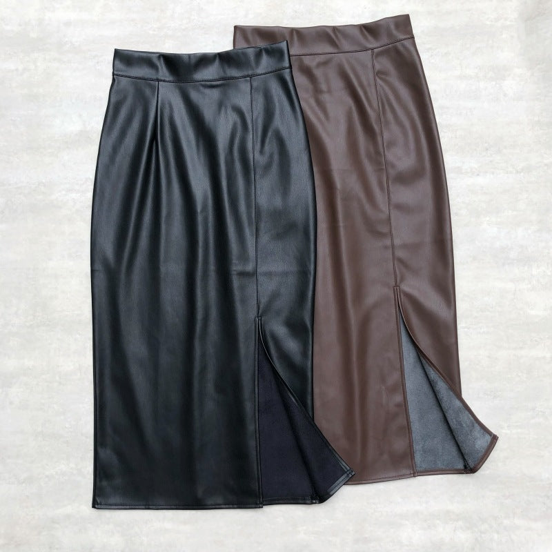High-Waisted PU Leather Midi Skirt with Slit