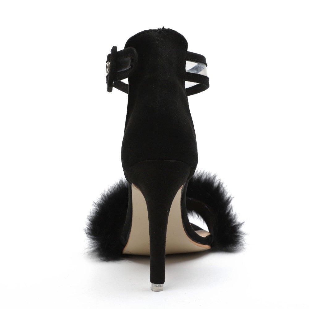 Women Pumps Snake Black High Thin Heels Ankle Strap Platform Faux Fluffy Rabbit Fur Woman Sandal Party Wedding Lady Shoes