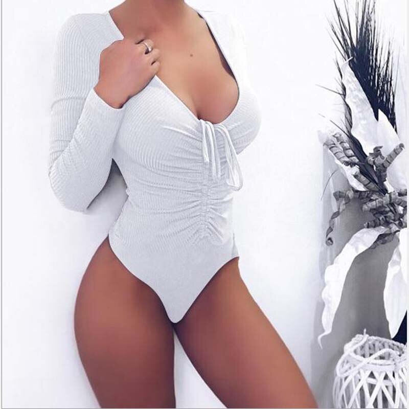 Spring Knitted Bodysuit Women Lace Up Long sleeve Sexy Bodysuits Slim Bodycon Jumpsuit Woman V-Neck Jumpsuit Ladies Clothes