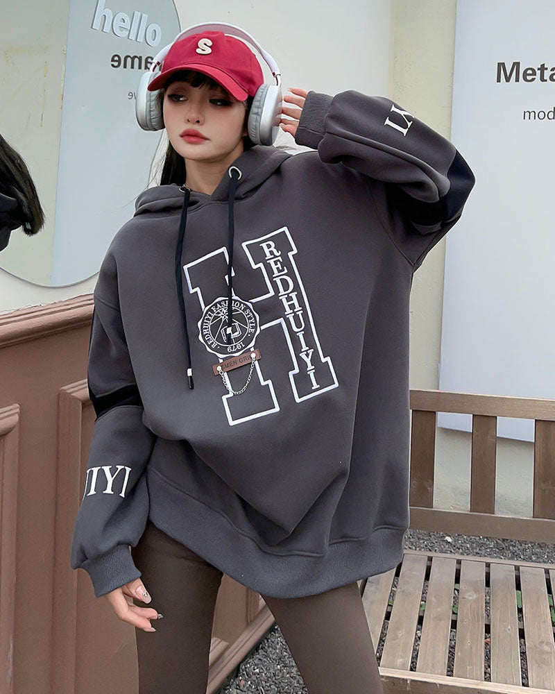 Embroidered Velvet Hooded Sweatshirt for Women