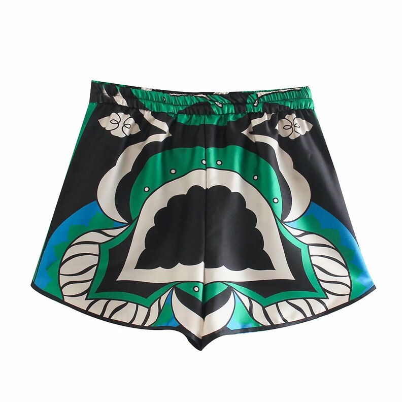 TRAF Za Bermuda Shorts Woman Summer  Green Print High Waist Short Pants Women Vintage Loose Casual Streetwear Shorts Sets