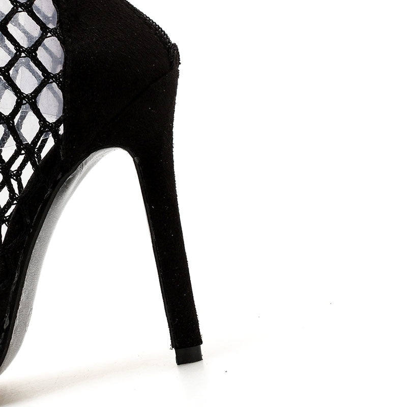 Women's Shoes Sexy High Heels Mesh Peep Toe Sandals Fishnet Zip Sexy Party Dress Woman Shoes