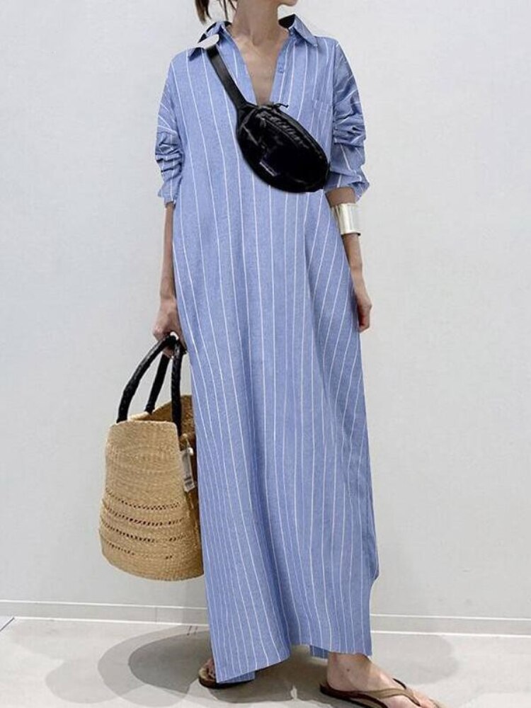 Summer New Dresses for Woman Fashion Striped Cardigan Loose Large Casual Temperament Commuter Irregular Women's Long Dress Tops
