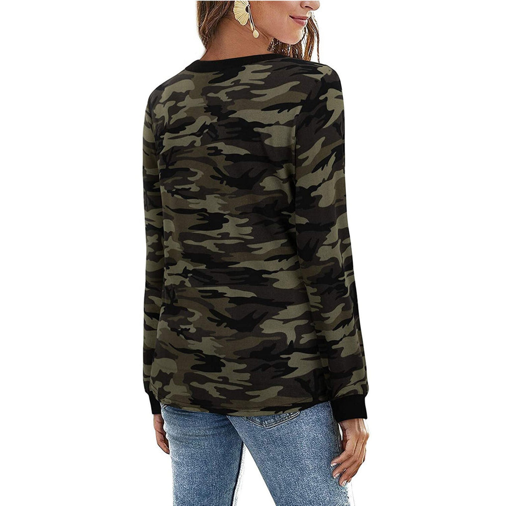 Fashion Woman Tshirts Camouflage Print Grain V-Neck T Shirt Button Causal Long Sleeve Ladies Tops Loose Mujer Camisetas